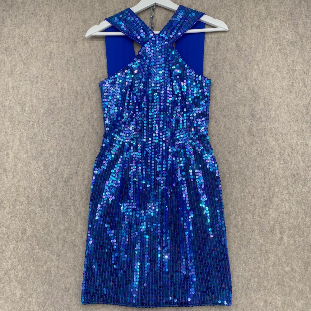 Vintage Blue Sequin Dress Criss Cross Halter 8 Robert Anthony